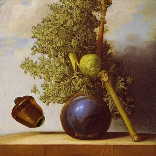 Prompt: gravity bong with weed in still life. dutch masters, 1 8 th century. oil on canvas