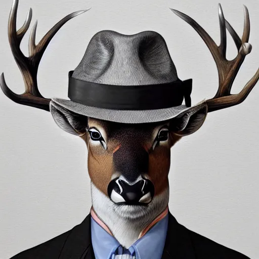 Image similar to a upper body portrait of a deer in a pinstriped suit and pants wearing a fedora with the antlers sticking out of the fedora by artgerm and wlop, intricate detail, digital art, photorealistic, trending on artstation