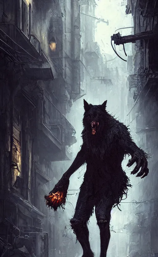 Image similar to hyperrealistic, Portrait of a werewolf in a dark alley, torn clothing, fantasy, urban, highly detailed, cinematic lighting, digital art painting by greg rutkowski