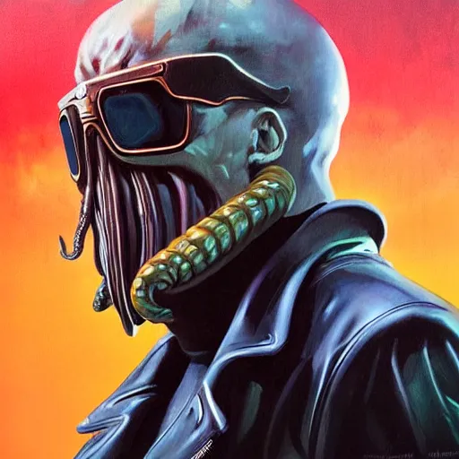 Image similar to greg manchess portrait painting of cthulhu in leather jacket as cyberpunk 2 0 7 7 character, medium shot, asymmetrical, profile picture, organic painting, sunny day, matte painting, bold shapes, hard edges, street art, trending on artstation, by huang guangjian and gil elvgren and sachin teng