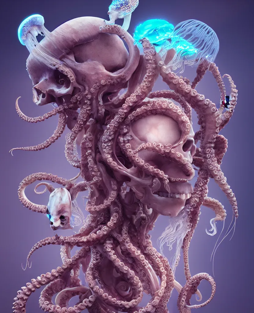 Image similar to goddess close - up portrait human skeleton, ram skull, octopus, jellyfish, orchid, betta fish, bioluminiscent, intricate artwork by tooth wu and wlop and beeple. octane render, trending on artstation, greg rutkowski very coherent symmetrical artwork. cinematic, hyper realism, high detail, octane render, 8 k