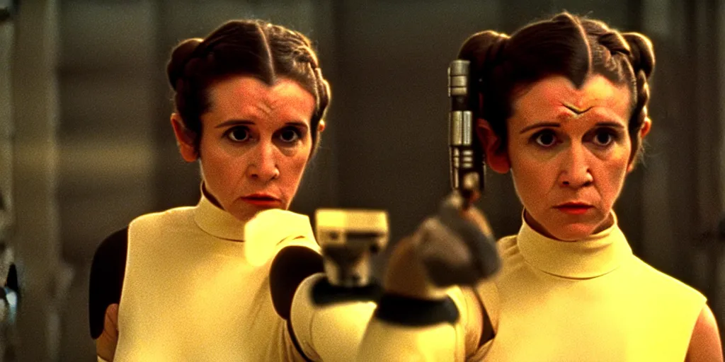 Image similar to screenshot portrait solo shot of Princess Leia training to use a yellow lightsaber at a new Jedi Temple scene from The Force Awakens, 1970s film by Stanley Kubrick, serene, iconic scene, stunning cinematography, hyper detailed, sharp, anamorphic lenses, kodak color film, 4k