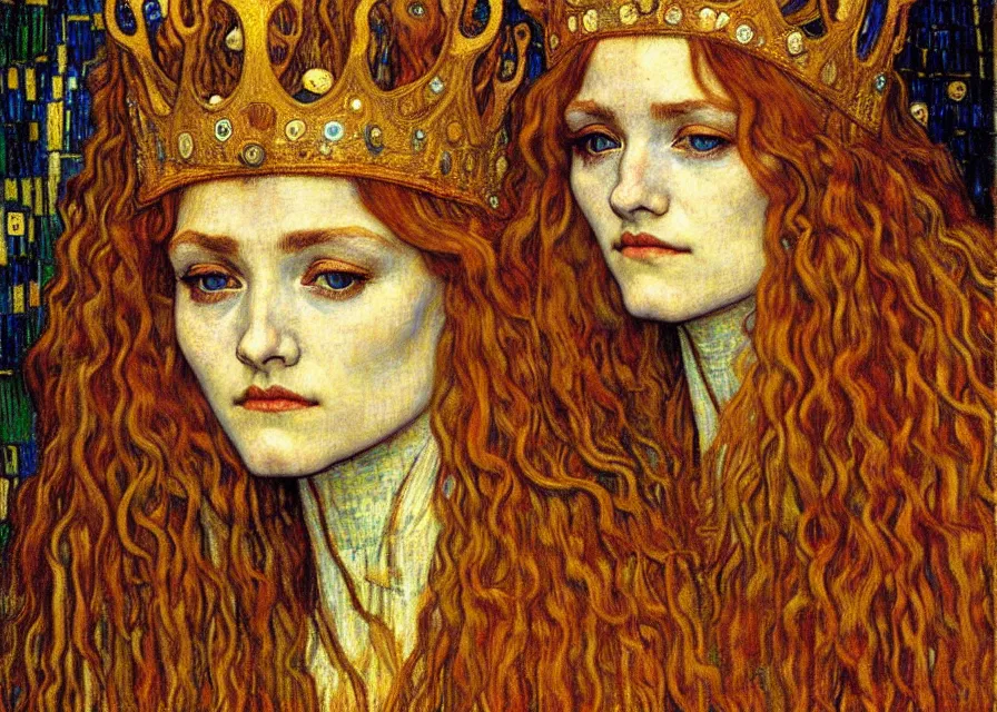 Image similar to detailed realistic beautiful young medieval queen face portrait by jean delville, gustav klimt and vincent van gogh, art nouveau, symbolist, visionary, gothic, pre - raphaelite, muted earthy colors, desaturated