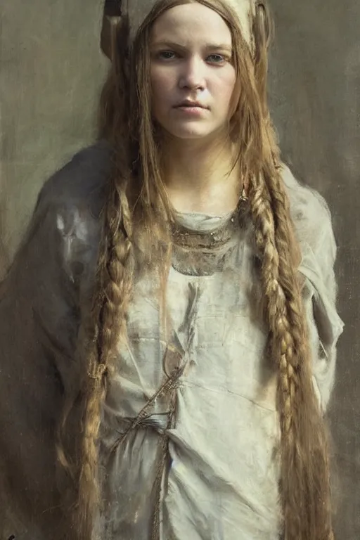 Image similar to Richard Schmid and Jeremy Lipking and Antonio Rotta full length portrait painting of a young beautiful traditonal viking warrior priestess woman