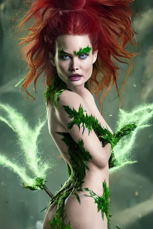 Prompt: Portrait of Behati Prinsloo as Poison Ivy making a duck face, in Batman movie still cinematic, artstation, Greg rutkowski, UHD 8K