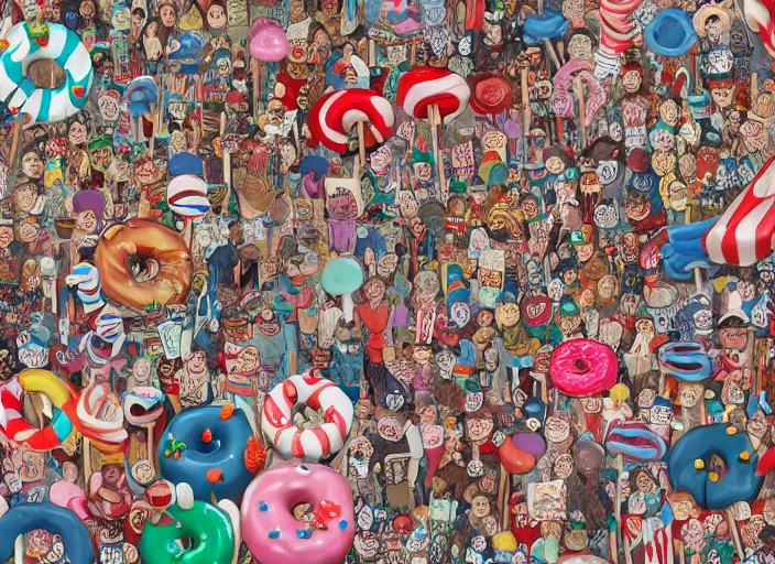 Image similar to where's waldo, lollipops and donuts, lowbrow, matte painting, 3 - d highly detailed, in the styles of lilla alvarado, camille rose garcia