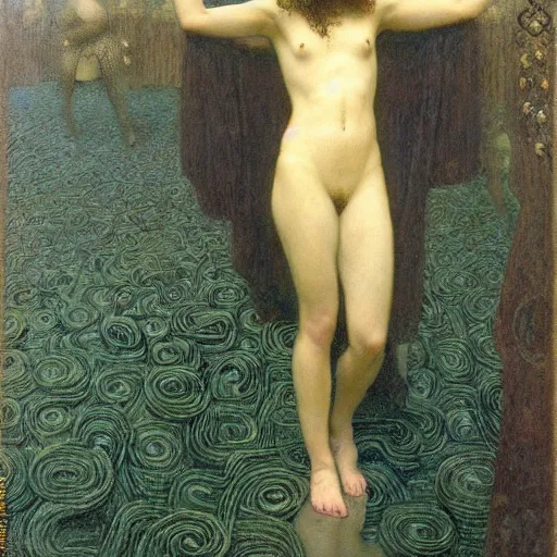 Image similar to an infinite maze of masked mystery and intrigue, in the style of edgard maxence, lucien levy - dhurmer, jean delville, oil on canvas