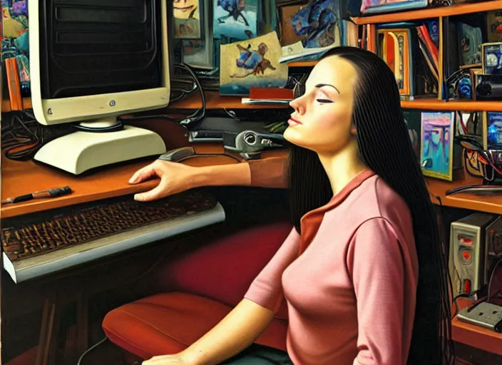 Prompt: classic oil painting, side view of a woman with dark long hair using a pc, gaming, retro 6 0 s computer, sitting inside a cluttered storage room, sleepcap, cottagecore, keyboard, extremely detailed, digital illustration, concept art, readability, smooth, sharp focus, art by alex grey, art by brothers hildebrandt