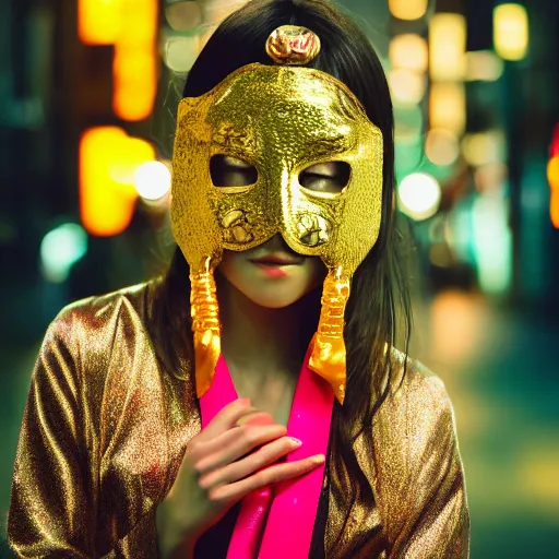 Image similar to japanese female balaclava mask with golden necklace and kimono, photo portrait, beautiful female model, tokyo, city neon light, bokeh, long exposure, kodak promax 4 0 0, sony lens, golden fractals and dmt