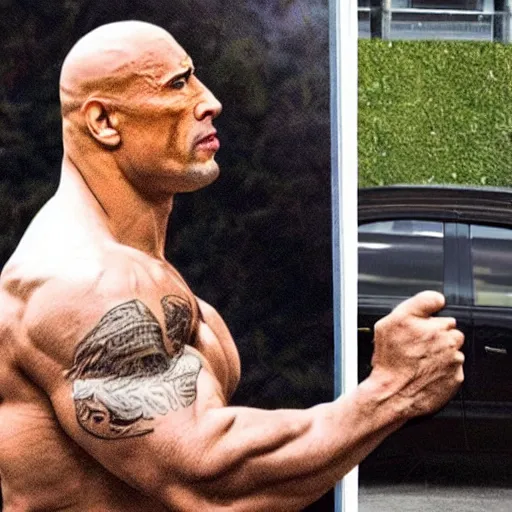 Image similar to cctv footage of angry dwayne the rock johnson in parking lot