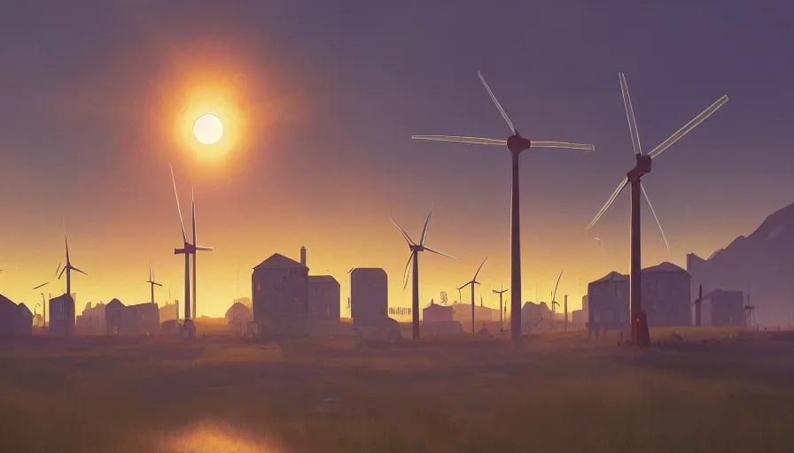 Image similar to city full of solar panels and windmills, early morning sun in the sky, simon stalenhag