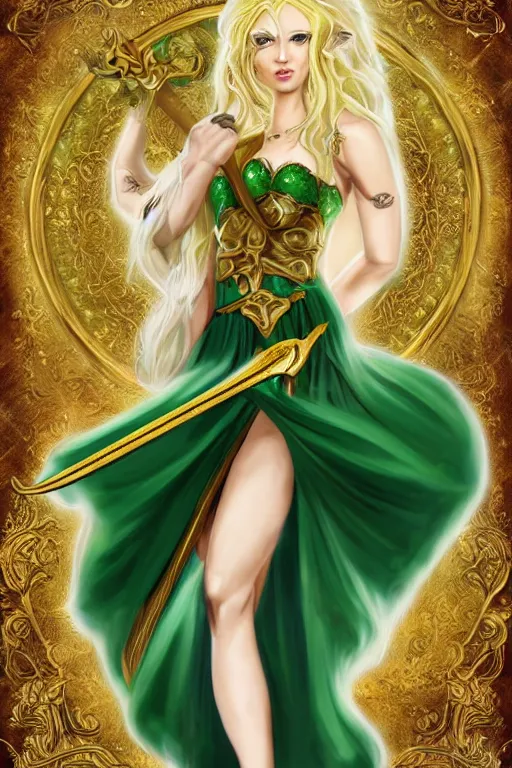 Prompt: fantasy, female, elf, fey - like, long curly hair, blond hair, warrior, dancer, green and white clothes, golden embossing, golden jewelry, swords, beautiful, elegant, portrait