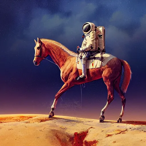 Image similar to a horse on top a man, a horse carried by a astronaut, hyperrealism, no blur, 4 k resolution, ultra detailed, style of ron cobb, adolf hiremy - hirschl, syd mead, ismail inceoglu, rene margitte