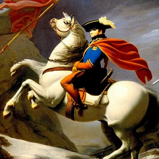 Prompt: napoleon standing ontop of a cliff as his army marches under him through a mountain passage, epic, in the style of Jacques-Louis David.