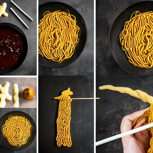 Image similar to making of an edible giraffe from noodles and soy sauce in 1 0 easy steps, from the beautiful'how to make food art step by step collection ', dslr