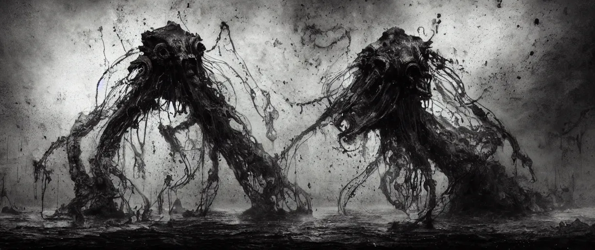 Image similar to wet collodion photography of early xx century cthulhu sleeping in r'lyeh sunken city wiyh non euclidean geometry by emil melmoth zdzislaw beksinki craig mullins yoji shinkawa realistic render ominous detailed photo atmospheric by jeremy mann francis bacon and agnes cecile ink drips paint smears digital glitches glitchart