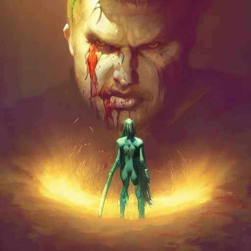 Prompt: 4k headshot of godlike Spawn from Macfarlane comics , killing demon clowns with green fire by Craig Mullins, ilya kuvshinov, krenz cushart, epic , artgerm trending on artstation by Edward Hopper and Dan Mumford and WLOP and Rutkovsky, beksinski carl spitzweg moebius and tuomas kocar, intricate artwork by caravaggio, Unreal Engine 5, Lumen, Nanite