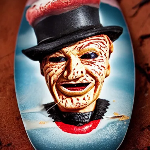 Image similar to freddy kruger face on an ice cream with a stick, realistic photography, high detailed