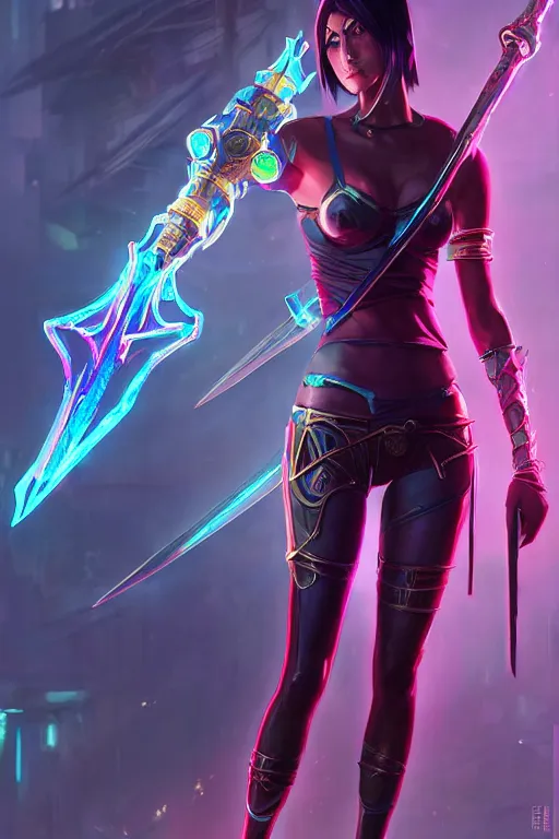 Image similar to fiora from league of legends, cyberpunk futuristic neon. long sword in her hand, decorated with traditional japanese ornaments by ismail inceoglu dragan bibin hans thoma greg rutkowski alexandros pyromallis nekro rene maritte illustrated, perfect face, fine details, realistic shaded, fine - face, pretty face, masterpiece