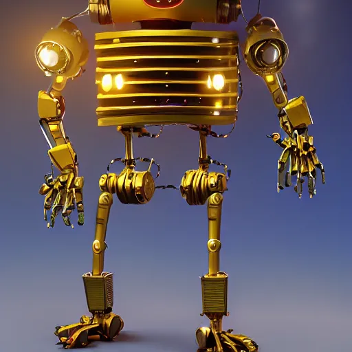 Image similar to horror animatronic in form of golden Bonny character design, robotic Springtrap character by Simon Stalenhag, trending on Artstation, 8K, ultra wide angle, zenith view, pincushion lens effect