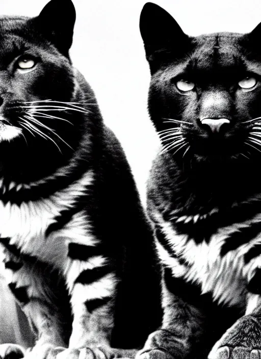 Image similar to two black panthers black and white portrait white sky in background