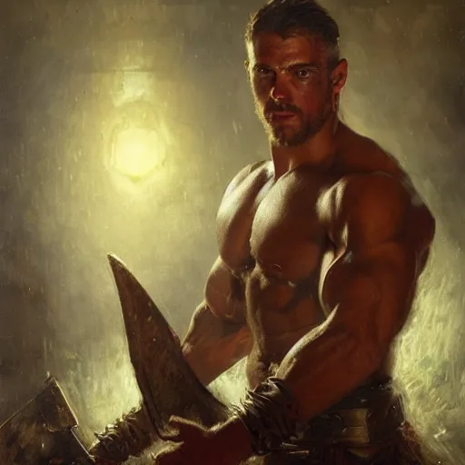 Prompt: handsome portrait of a spartan guy bodybuilder posing, radiant light, caustics, war hero, rainfall, by gaston bussiere, bayard wu, greg rutkowski, giger, maxim verehin