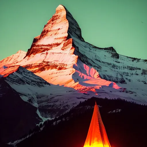 Image similar to a photo at nighttime of a powerful llumination of the matterhorn in the colors of indian flag, orange top, white middle, green base. projected illuminated on the matterhorn mountain at night