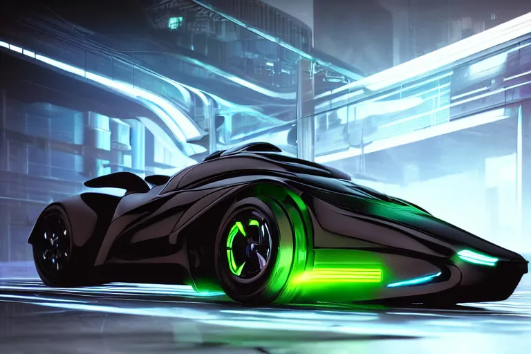 Image similar to cyberpunk tron concept inspired car, futuristic look, highly detailed body, aerodynamic body, photorealistic camera shot, bright studio setting, studio lighting, crisp quality and light reflections, unreal engine 5 quality render