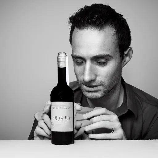 Image similar to portrait of a 3 0 years old frenchman in 2 0 2 0 seated at a table with a bottle of wine. award winning photography, 5 0 mm, studio lighting, black and white, contrasted.