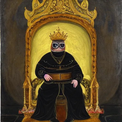 Prompt: Peter Griffin wearing black medieval armor and sitting on a golden throne, oil on canvas, 1880,