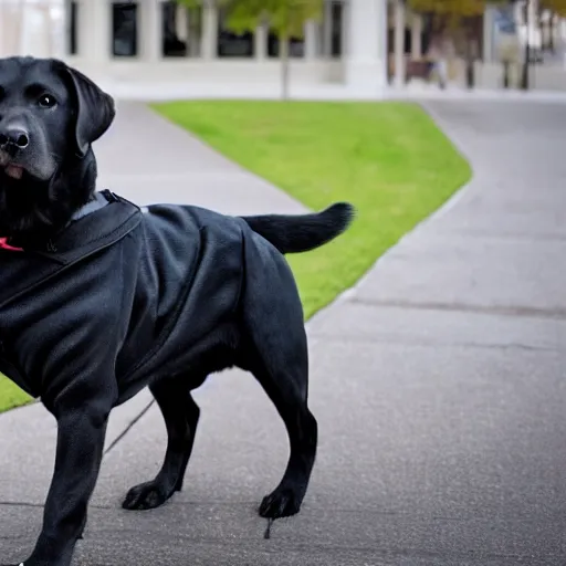 Prompt: a Labrador dog wearing a black jacket and a top hat