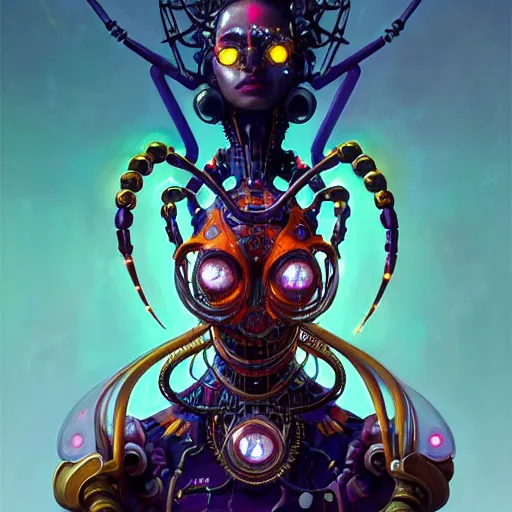 Image similar to portrait biomechanical spider king, cyberpunk, bionics, augments, lights, cables, elegant gleaming intricate baroque jewellery, colorful, vivid, imposing, epic, digital painting, artstation, concept art, by peter mohrbacher and wlop and rhads,