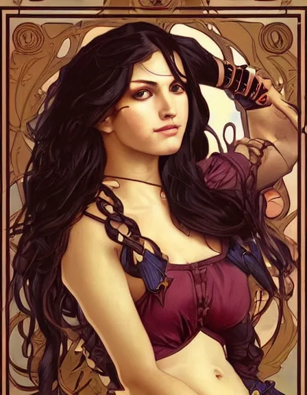 Prompt: fully clothed armed female pirate captain. sun, summer, strength, knowledge, smart, portrait, symmetrical, highly detailed, digital painting, artstation, smooth, sharp focus, illustration, strength, art by artgerm and alphonse mucha and louis theophile hingre. 8 k