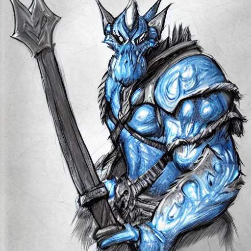 Image similar to fantasy concept art; portrait of a blue dragonborn wielding an axe; barbarian clothing; detailed sketch