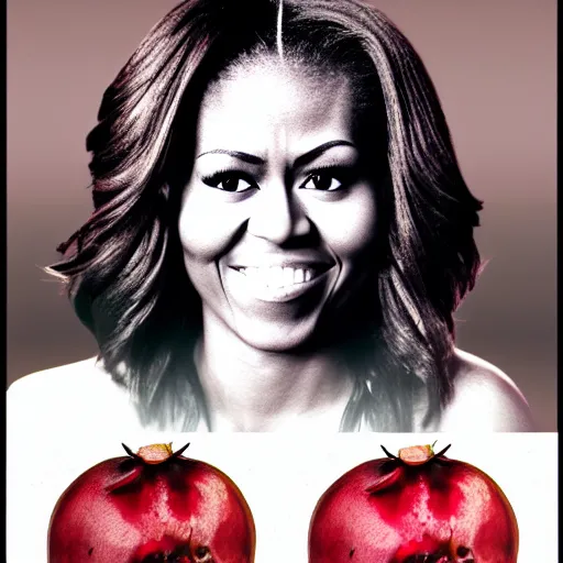 Image similar to photo of a pomegranate with michelle obama's face, standing tall, smiling softly, sharp detailed face, highly detailed, artstation, 8 k