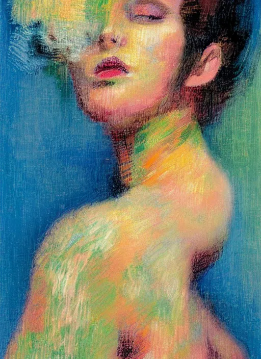 Prompt: an extreme close - up abstract portrait of a lady enshrouded in an impressionist representation of mother nature and the meaning of life by igor scherbakov, abstract, thick visible brush strokes, figure painting by anthony cudahy and rae klein, vintage postcard illustration, minimalist cover art by mitchell hooks