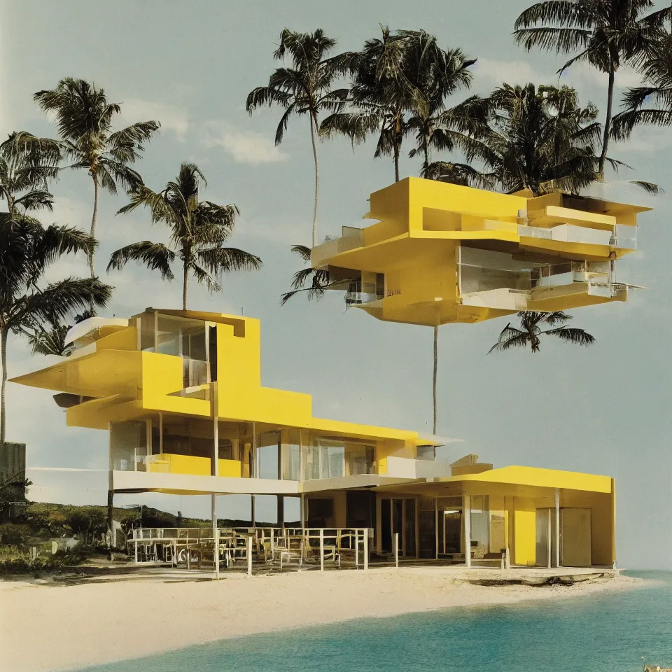 Image similar to architecture ad for a mid-century modern house on the beach, designed by Norman Foster. Film grain, cinematic, yellow hue