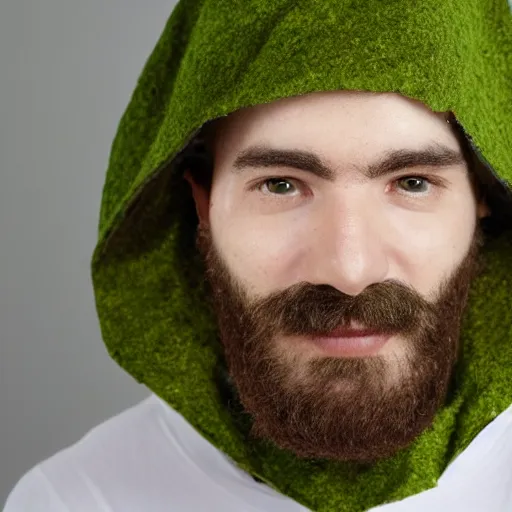 Image similar to studio photo of bearded person made of avocado, wearing avocado hood, portrait, close - up