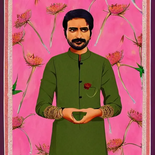 Prompt: indian guy holding flowers, looking nostalgic, in love, in a dapper kurta, very beautiful artwork by Wes Anderson