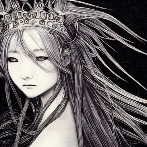 Image similar to yoshitaka amano blurred and dreamy illustration of an anime girl with black eyes, wavy white hair fluttering in the wind wearing elden ring armor and crown with engraving, highly detailed face, abstract black and white patterns on the background, noisy film grain effect, highly detailed, renaissance oil painting, weird portrait angle, blurred lost edges, three quarter view