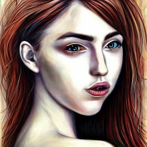 Prompt: portrait in strange art style, very creative drawing and painting of a beautiful woman
