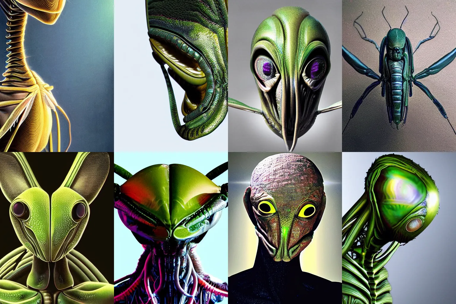 Prompt: organic alien in the form of mantis head, fullbody, hyperrealism, realistic photo, ultra detailed, surreal, heavy, technology, symmetrical front, dramatic lights, space parasite, frightening