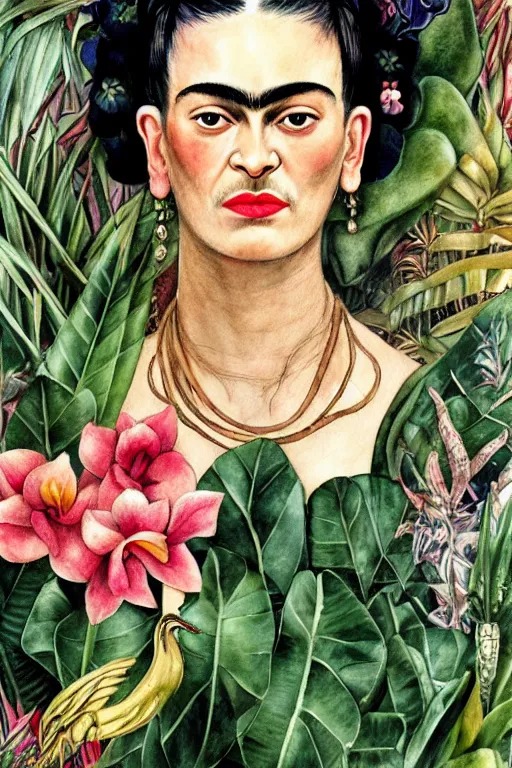 Image similar to frida kahlo realistic portrait closeup surrounded by tropical plants and flowers, art by luis royo and walter crane and kay nielsen, watercolor illustration,