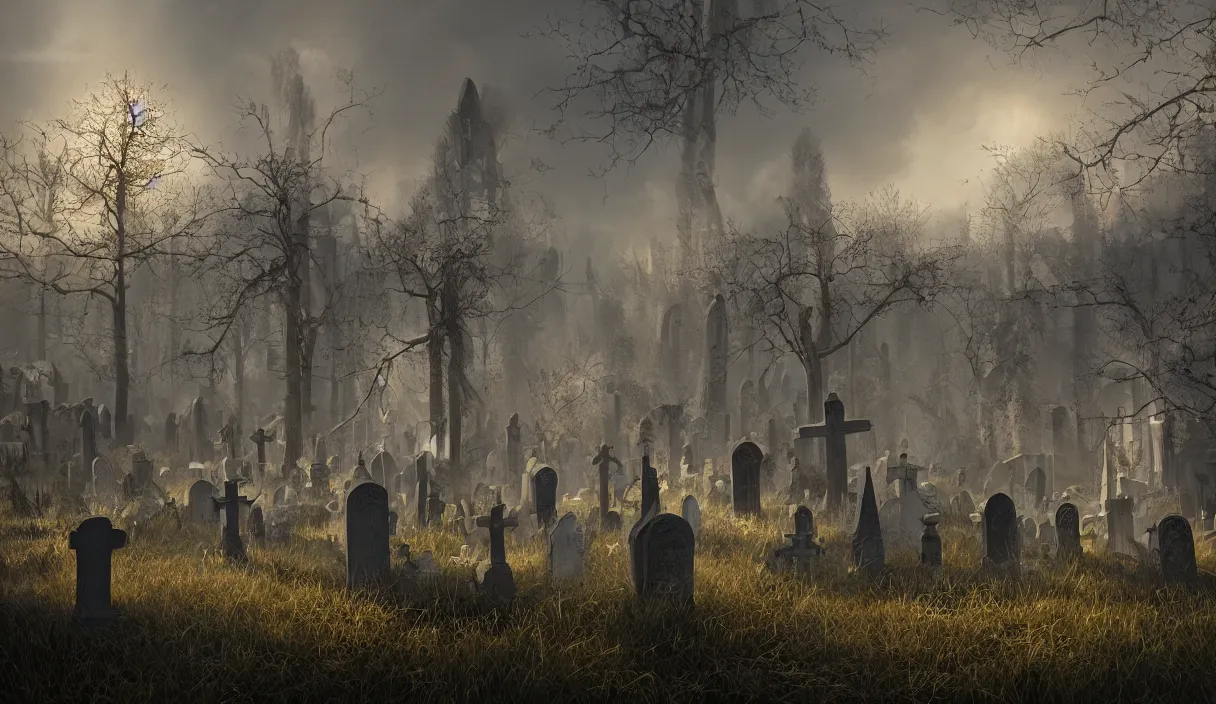 Prompt: a beautiful painting of a graveyard, cinematic angle, studio lighting, movie concept, trending on artstation, octane render, 8 k, ultra high detail