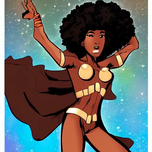 Image similar to comic book hero black girl with Afro, tall and slim figure, brown skinned brown eyes full lips,