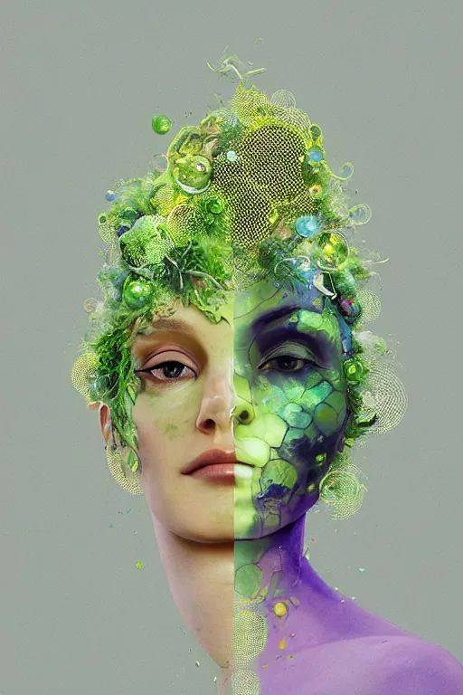 Prompt: transcendence, vine headdress, moss patches, 2 0 mm, with pastel yellow and green bubbles bursting, voronoi, melting into past selves, delicate, beautiful, intricate, houdini sidefx, by jeremy mann and ilya kuvshinov, jamie hewlett and ayami kojima, bold 3 d