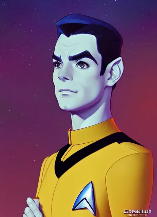 Image similar to cute star trek officer chris mears, natural lighting, path traced, highly detailed, high quality, digital painting, by don bluth and ross tran and studio ghibli and alphonse mucha, artgerm