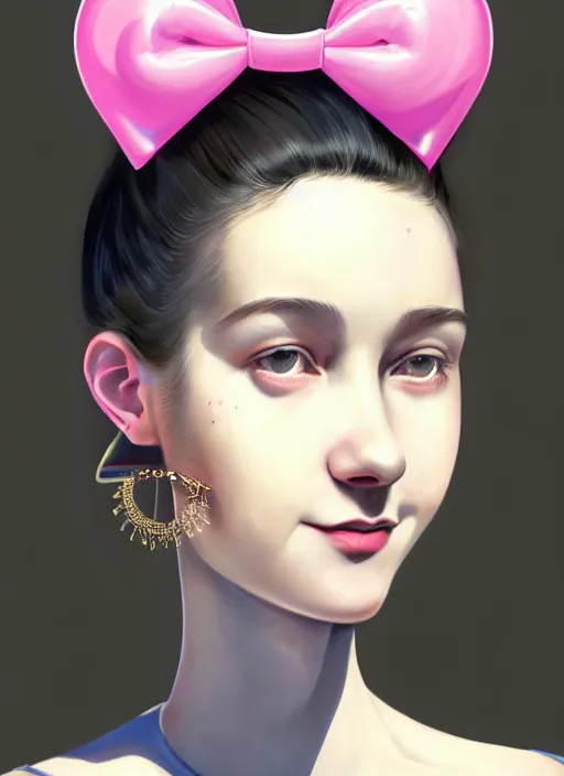 Image similar to portrait of high school girl, realistic, black hair, bangs, half updo hairstyle, pointy nose, skinny, smile, ugly, defined jawline, big chin, pink hair bow, earrings, intricate, elegant, glowing lights, highly detailed, digital painting, artstation, sharp focus, illustration, art by wlop, mars ravelo and greg rutkowski