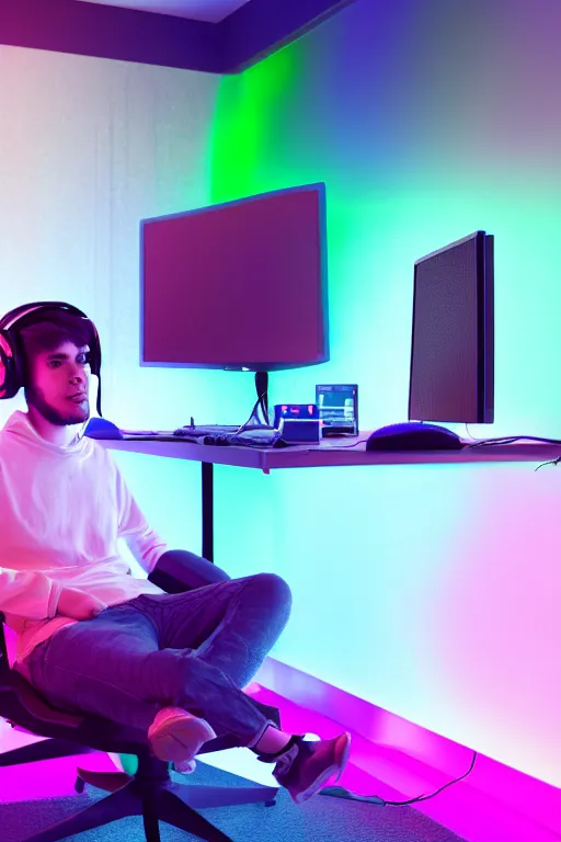 Prompt: a young male gamer sitting in gaming chair wearing a hoodie + neon rgb light strips, large computer monitor, space themed walls, cute bernedoodle puppy sitting at his feet, 4 k, award winning, octane render, volumetric lighting