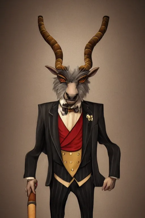 Image similar to beautiful portrait commission of a male furry anthro mountain goat wearing a pinstripe suit and waistcoat, smoking a cigar, hooves!, award-winning character art, detailed, trending on artstation